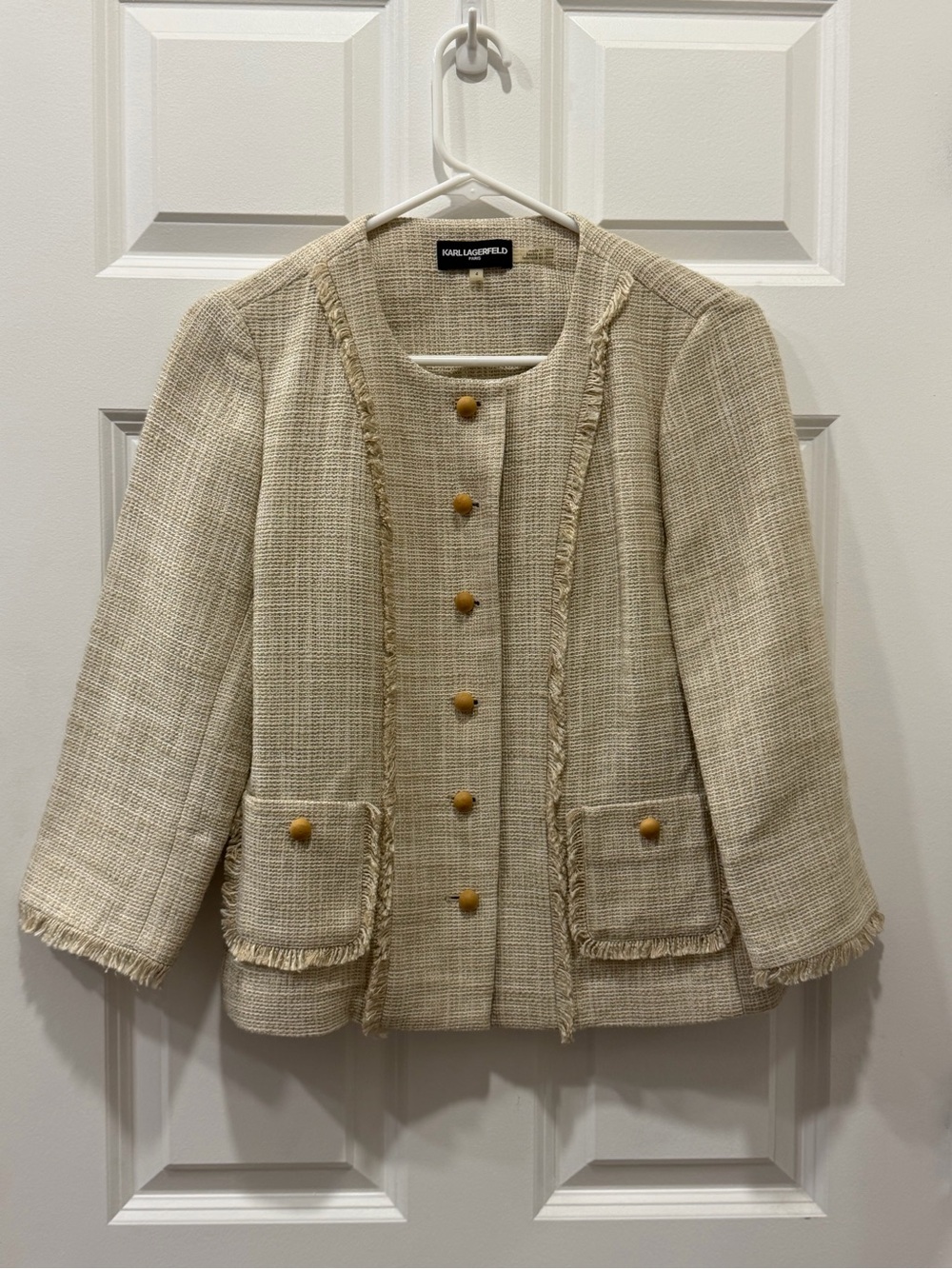 Karl Lagerfeld Cream Fringe Tweed Button Lady Jacket / Blazer